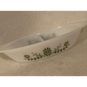 Vintage Glasbake Divided Casserole Dish Green Daisy Floral #J2352 USA Made